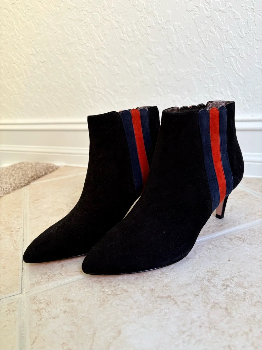 Boden Black Suede Ankle Boots with Navy and Red Stripes size 38